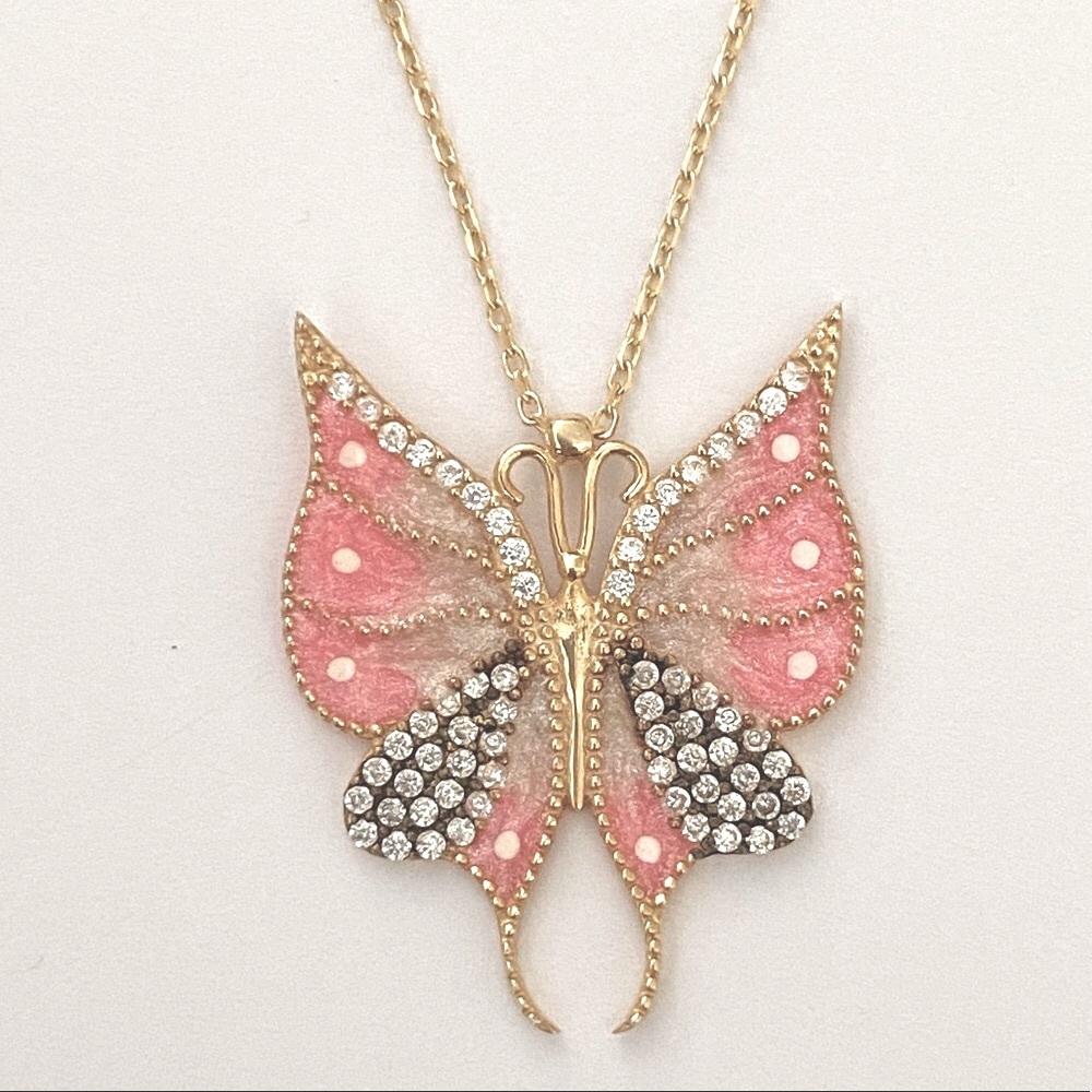 925 silver necklace handmade enamel butterfly cz - Picture 3 of 3